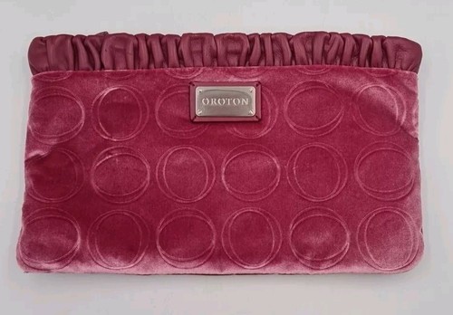 Oroton Rose Pink Leather And Velour Clutch Ruffled Handbag Bag Pre-Owned