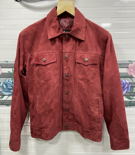 Men's Real Suede Leather Rusty Red Trucker Jacket Fashion Moto Biker Button Coat - Picture 1 of 15