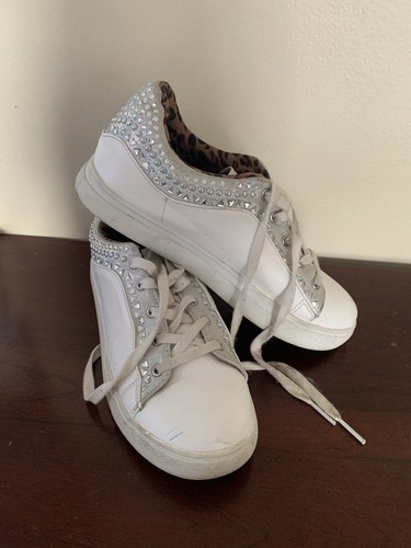 Steve Madden Girl’s Size 3 White Rhinestone High-Top Sneakers Leopard Lining - Picture 2 of 5