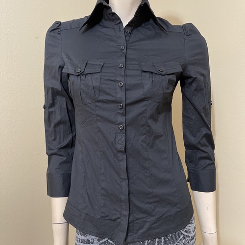 Langarm Damen schwarz Baumwolle Freizeitkragen Tasche Größe M geknöpft Shirt Top