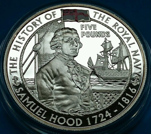 2004 ALDERNEY £5 Five Pound Samuel Hood History of Royal Navy Silver Proof Coin - Picture 2 of 3