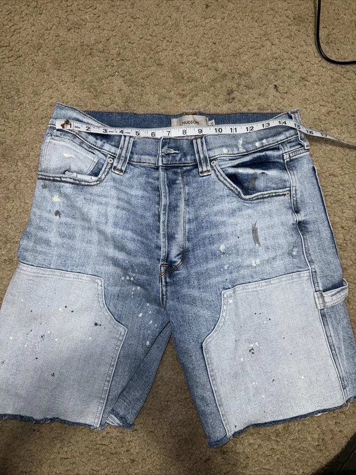 Pantalones Cortos de Jean Hudson Carpenter Botón Mosca Envejecido Pintura Sintética Manchas Foto 2 de 4