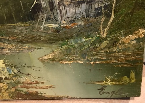 SIGNIERTES WANDBILD ENGEL ÖL AUF LEINWAND HÜTTE IM WALD LANDSCHAFT - Bild 4 von 12