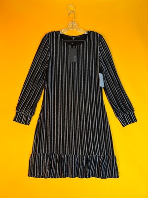 19 Cooper Long Sleeve Dress Ruffle Hem Womens XL Black Silver Striped Mini NWT