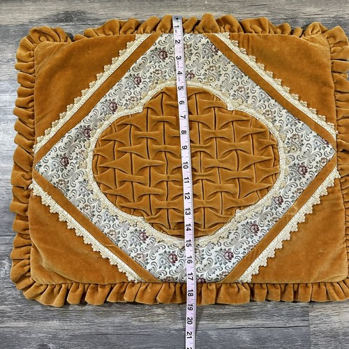 Vintage Boho Decorative Pillow Mustard Velvet & Floral Quilt with Zipper Closure - Picture 17 of 20