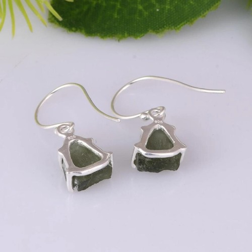 Natural Czech Moldavite Gemstone Dangle Drop Earrings Handmade Silver Jewelry - Picture 6 of 7
