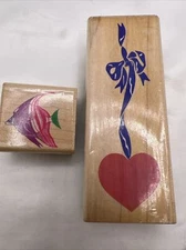 Set of 2 Posh Impressions Wood Mount Stamp Fish and Heart Ribbon Stamps