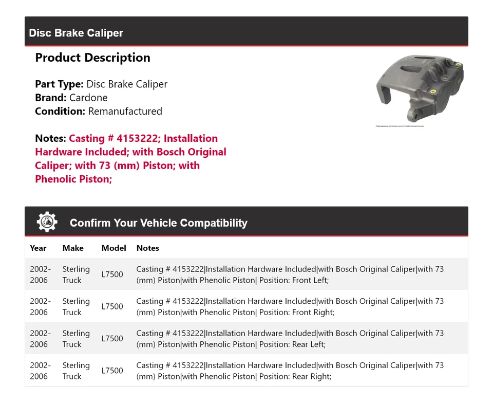 For 2002-2006 Sterling Truck L7500 Disc Brake Caliper Cardone 2003 2004 2005 - Image 2 of 4