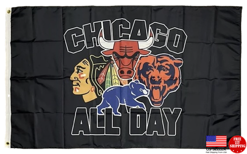 Chicago All Day Bears Cubs Blackhawks Bulls Flag 3x5 Sports Banner Man Cave New - Picture 9 of 10
