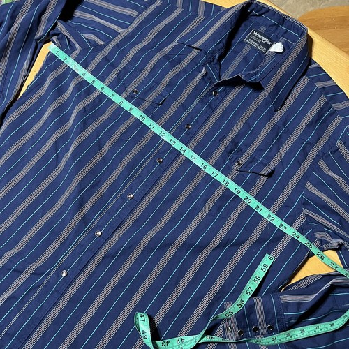 VTG 70s Wrangler 17.5x35 XL Cowboy Cut Blue Western Striped Snap Button Shirt - Picture 4 of 7