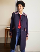 Bnwt Boden Floral Embroidered Coat Uk 8r Navy Italian Wool Blend Rrp £298