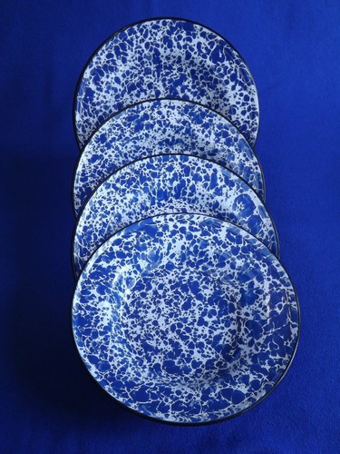 4 Cobalt Blue/White Splatterware Enamelware 8" Bowls - Picture 2 of 4