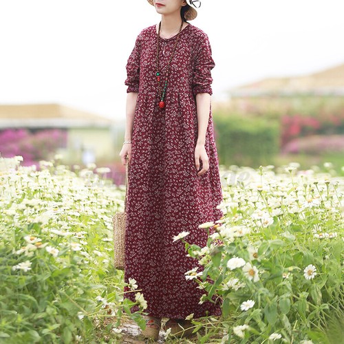 Maxi Vestido Suelto Caftán Informal Estampado Floral Algodón Manga Larga Reino Unido Para Mujer - Imagen 6 de 11