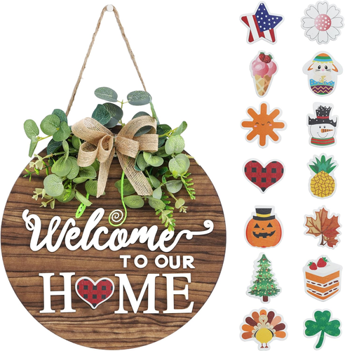 Interchangeable Seasonal Welcome Sign Front Door Decoration, Rustic round Wood W - Picture 8 of 12