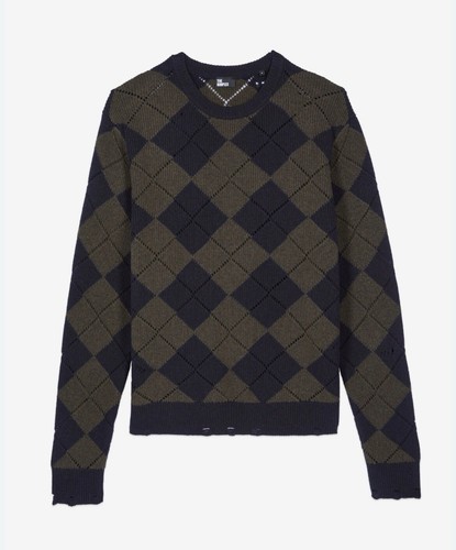 The Kooples Paris Men’s Black Wool Sweater Black Green Diamond Pattern Medium