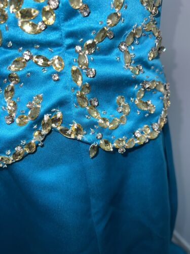 Sherri Hill Prom Dress Size 4 Strapless Gold Beaded Turquoise Blue Mermaid Train - Picture 4 of 12