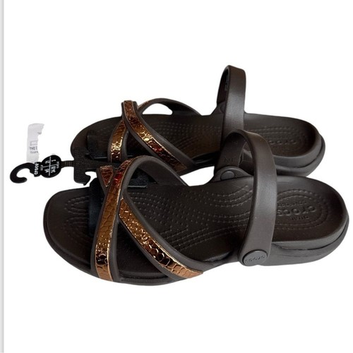New crocs meleen metal sandal brown slides slip on straps Women’s 5 Youth 3