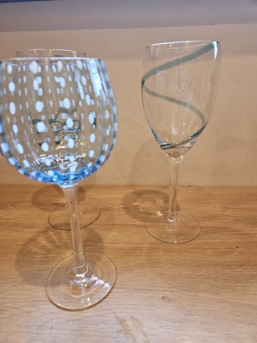 Cambria Pattern Blue / White Dots Balloon Wine Stem Glass & Swirl Blue Set Of 3 - Picture 3 of 8
