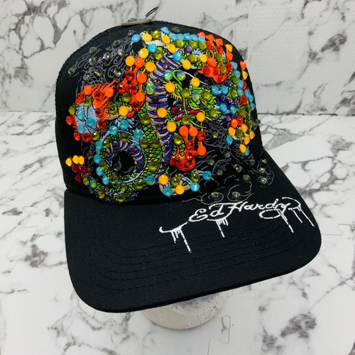 Men's Ed Hardy Dragons Black | Multicolor Rhinestone Trucker Hat NWT - Picture 5 of 8