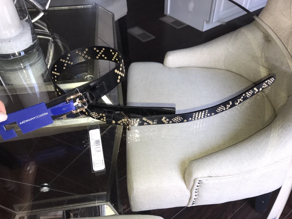 NUEVO CON ETIQUETAS CINTURÓN REBECCA MINKOFF GEOMÉTRICO DORADO TACHONADO CUERO NEGRO XS MUJER Foto 2 de 4