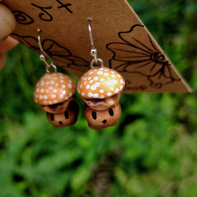 Orange Mushroom Creature/ Cute/ Dangle Earrings/ Handmade/ Clay/ Stainless Steel