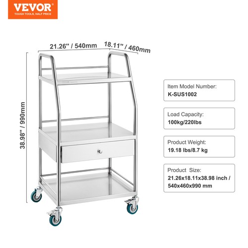 VEVOR Lab Rolling Cart Dental Lab Serving Cart 3 Tiers 1 Drawer Stainless Steel - Picture 7 of 12