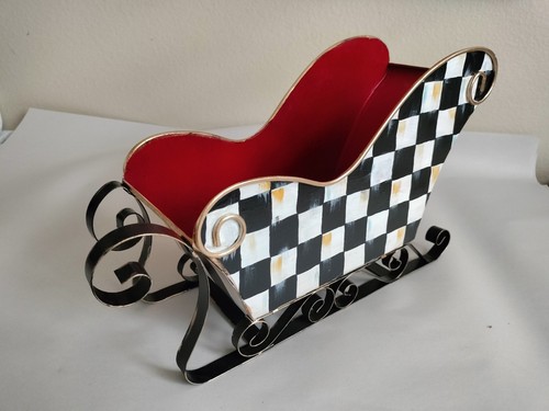 Slitta Babbo Natale Natalizia 15 x 5" Nero Bianco Quadri Strisce Dipinta a Mano  - Foto 1 di 4