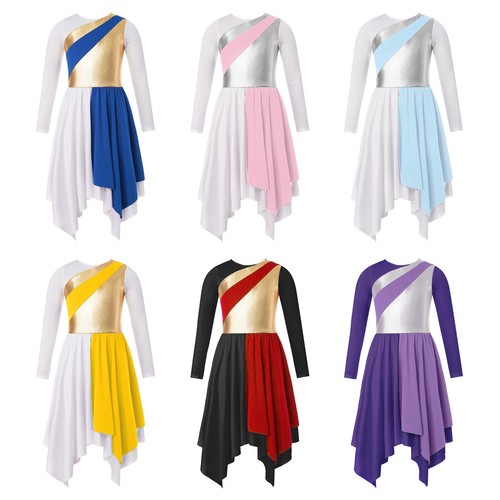 Girls Metallic Liturgical Worship Long Sleeve Praise Dance Robe Dress Costumes - Picture 3 of 87