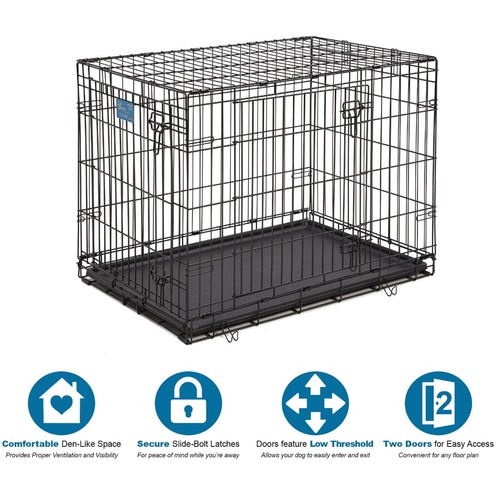 Portable Dog Crate Kennel 36" Folding Metal Pet Cage 2 Door With Tray Pan Black - Picture 2 of 5