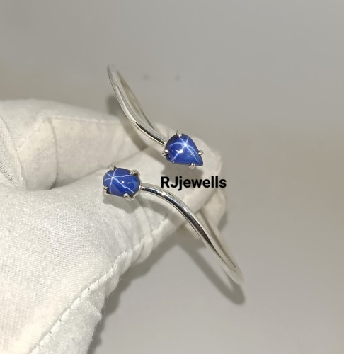 Brazalete ajustable hecho a mano de plata 925 laboratorio crear estrella Lindy azul zafiro brazalete - Imagen 9 de 9