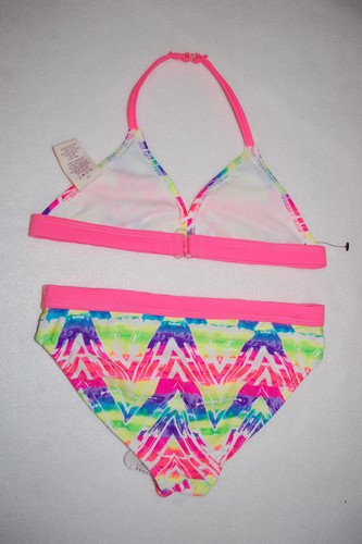Girls Swimsuit 2 PC BIKINI SET Hot Pink ABSTRACT NEON TRIANGLES Size XS 4-5 - Picture 2 of 2