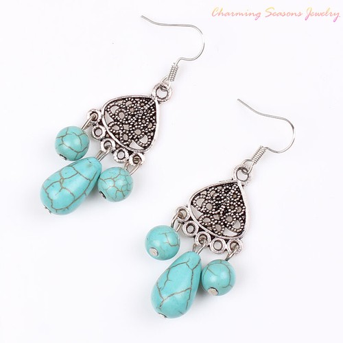Vintage 925 Sterling Silver Blue Turquoise Gemstone Beaded Dangle Drop Earrings - Bild 2 von 3