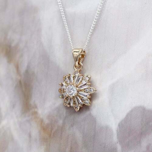 2Ct Round Cut Lab Created Diamond Flower Pendant Necklace 14K Yellow Gold Plated - Picture 2 of 4