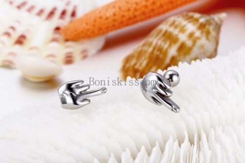 Silver Color Stainless Steel Middle Finger Cool Mens Stud Earring Set One Pair - Picture 3 of 4