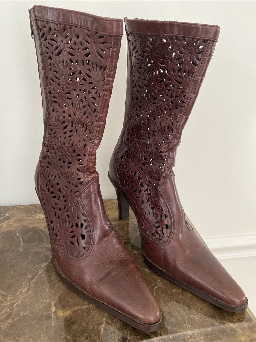 Zara Brown Leather Mid Calf Boots Pointed Toes &Floral Perforated