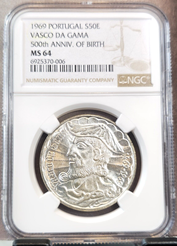 1969 PORTUGAL SILVER 50 ESCUDOS 50E VASCO DA GAMA NGC MS 64 GREAT LUSTER