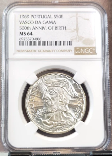 1969 PORTUGAL SILVER 50 ESCUDOS 50E VASCO DA GAMA NGC MS 64 GREAT LUSTER