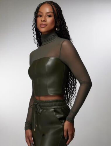 NWT Bebe Collection Vegan Leather Mesh Bustier Mock Neck Top Olive Medium $98 - Picture 3 of 14