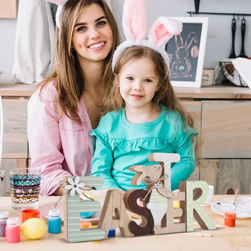 Easter Decorations Rabbit Bunny Indoor Tabletop Wooden Sign Home Gift - Picture 2 of 12