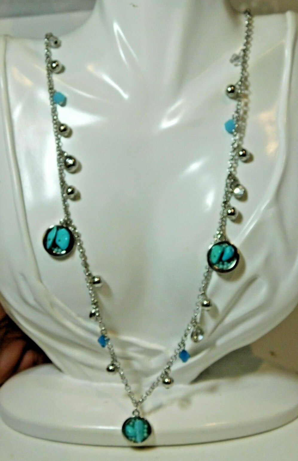 New Extra Long Turquoise Blue Rhinestones Beads Silver Tone Necklace B9