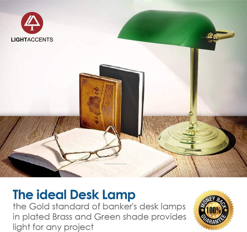Traditional Bankers Desk Lamp with Green Glass Shade and Nickel Finish - Classic - Picture 5 of 12