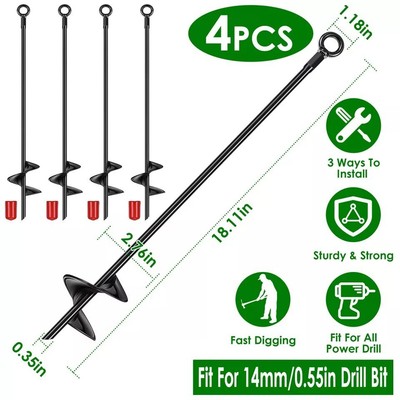 4PCS 2.76in Ground Auger Stakes Wide Spiral Drill Bits Soil Hole Digging Drills