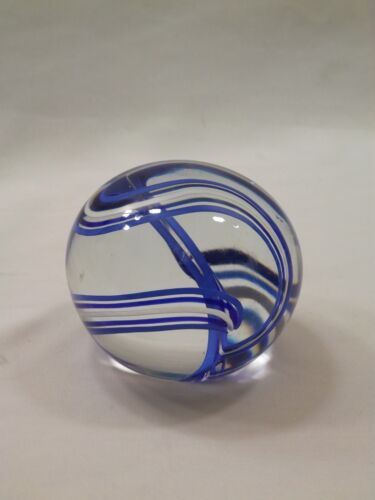 Clear Glass Glassware Decorative Paperweight w/ Blue, Black & White Ribbon Swirl - Picture 2 of 2