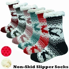 Women Thermal Cozy Fuzzy Deer Sherpa Fleece-lined Non-Skid Slipper Socks LOT