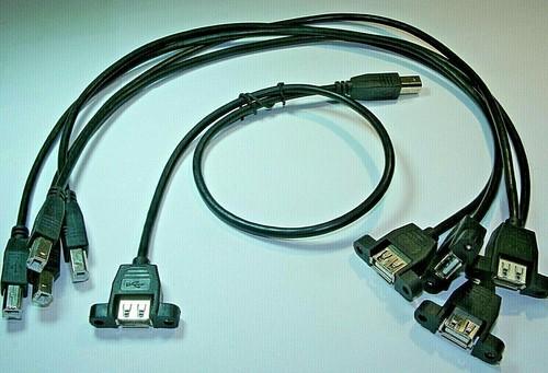 QTY5 USB BLACK CABLE 2.0 TYPE B MALE TO TYPE A FE PANEL MOUNT 12" CORD EXPEDITE - Picture 2 of 7