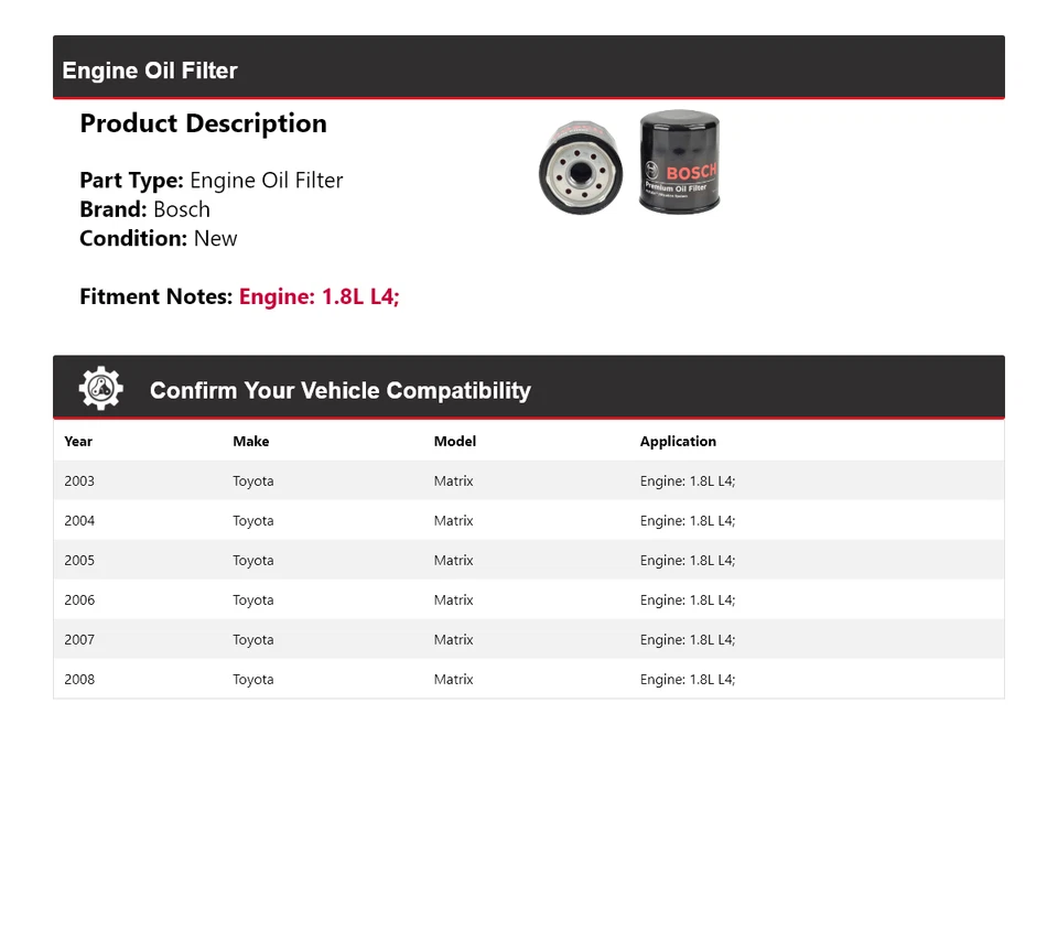 Filtro de aceite premium Bosch 1,8 L L4 2003-2008 Toyota Matrix 2004 2005 2006 2007 Foto 2 de 3