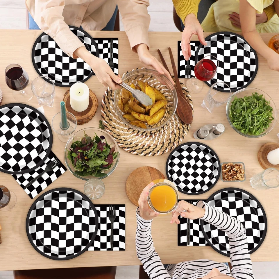 200 PIEZAS Platos de Fiesta a Cuadros Blanco y Negro Servilletas Coche de Carreras Pastel de Cumpleaños... Foto 4 de 4