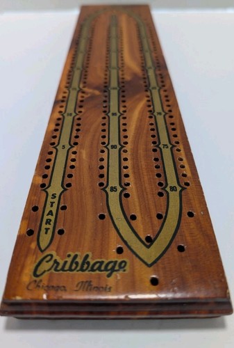 Vintage 50s Wooden Cribbage Board Game with Peg Storage Made in Chicago