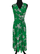 Vince Camuto Green White Floral Fit &Flare Dress Size 6 Back Zip V Neck Ruched