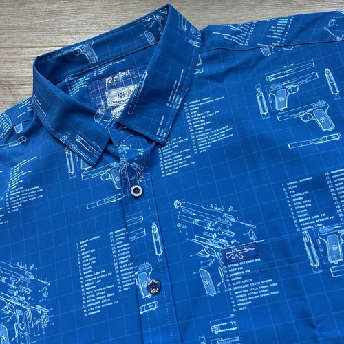 Retro Rifle The Blueprint Shirt Mens XXL Blue Button Up Print Stretch NWOT